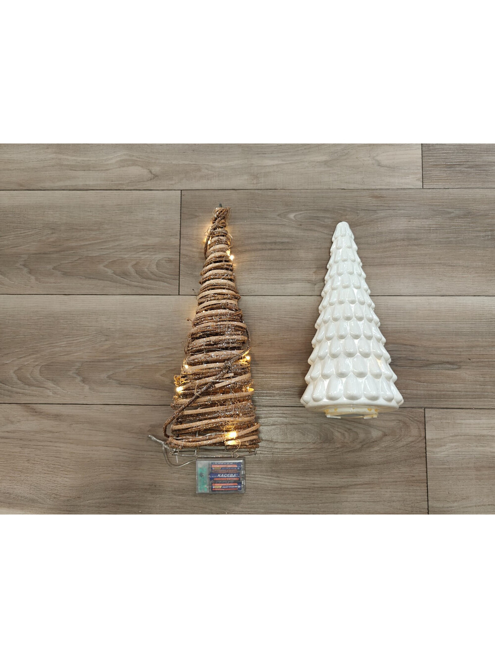 Lot of 2 Christmas Tree Decor Lighted Rattan Twig & White Ceramic Tabletop